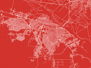 Christmas Map of Ciudad Acuna, Mexico in Snowy White on Festive Red Background.