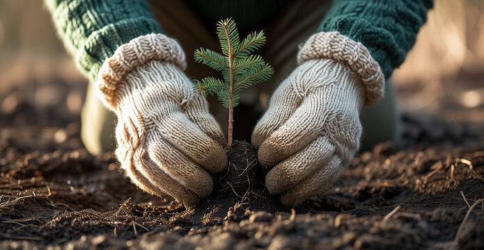 Manos plantando un &aacute;rbol de Navidad sobre tierra h&uacute;meda. Persona plantando un &aacute;rbol en invierno. Concepto sostenibilidad navide&ntilde;a.