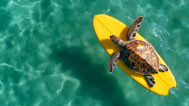 A majestic sea turtle rests on a bright yellow surfboard, surrounded by shimmering turquoise waters, evoking a sense of tranquility and adventure.