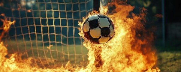 Burning soccer ball hurtles toward goal. Fiery ball flies through air. Action shot of hot ball entering soccer goal. Dramatic sport photo evokes passion, energy. Football match in progress. Expert