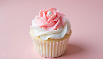 Elegant cupcake topped with a pink rose frosting decoration on a pastel pink background, copy space