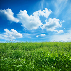 Obraz premium A scenic landscape of bright green grass and a vivid blue sky with light white clouds softly drifting 
