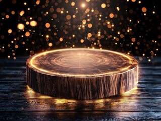 Obraz premium A glowing wooden platform surrounded by shimmering lights, creating a magical and inviting atmosphere.