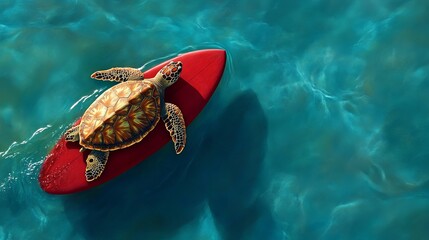 A vibrant green sea turtle rests on a red surfboard in clear turquoise waters, showcasing its intricate shell patterns and serene surroundings.