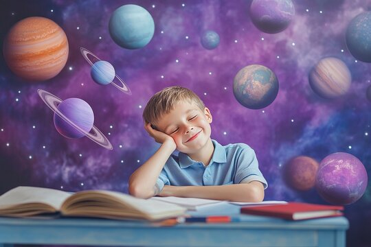 Photo of happy amased boy sitting at the school desk and around her flying planets, purple, blue colors 