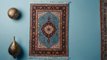 Muslim prayer rug on light blue background, top view. Space for text