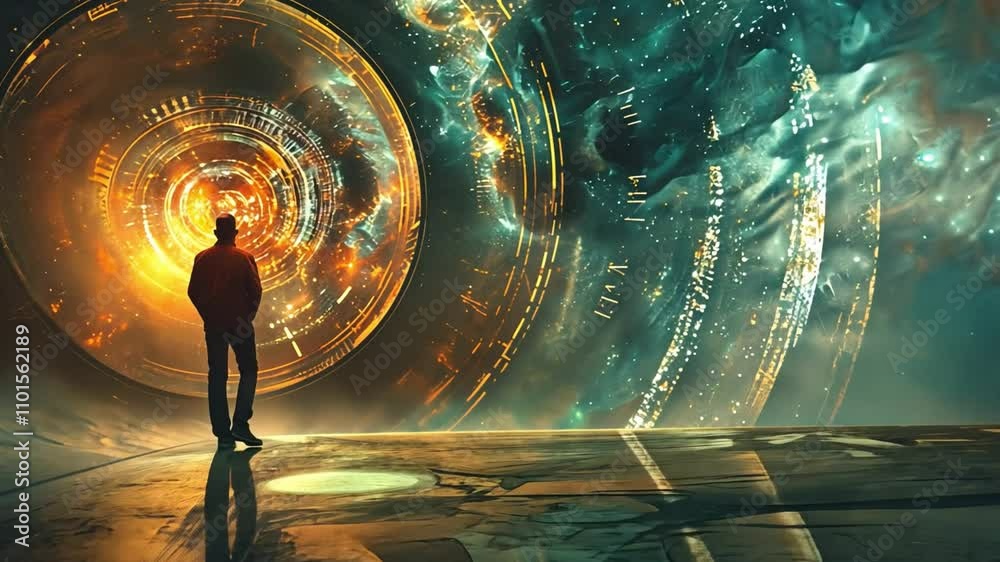 Poster a lone figure gazes into a vibrant portal filled with swirling colors and patterns reminiscent of ga