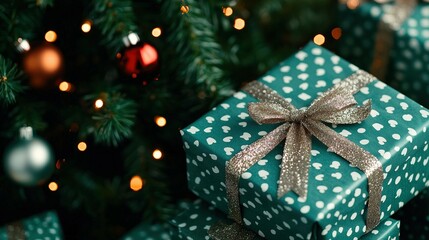 Festive Christmas Tree with Decorated Gifts and Warm Holiday Lights in Cozy Atmosphere