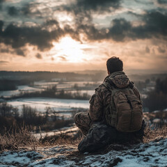 Soldier watches sunset from hilltop overlooking snow-covered valley