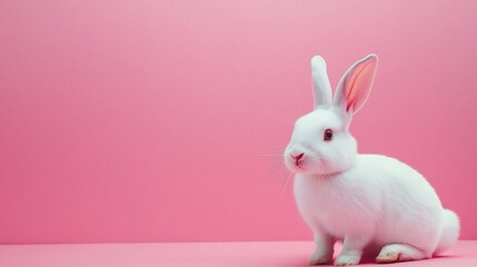 Obraz premium Cute white easter bunny sits against vibrant pink backdrop. Animal looks curious. Perfect for spring themed designs. Great for easter greeting cards print products. Adorable baby hare. Stylish,