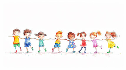 illustration, multicolored figures of children holding hands on a white background, round dance children's group dance
