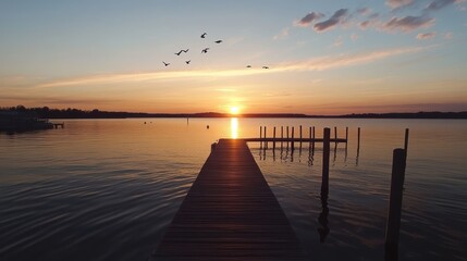 Obraz premium Serene Sunset Over Calm Lake With Wooden Dock And Birds