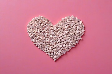 there is a heart made of small white pebbles on a pink background