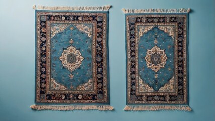 Muslim prayer rug on light blue background, top view. Space for text