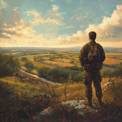 Soldier watches sunset from hilltop overlooking snow-covered valley