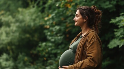 Side profile of a pregnant woman smiling outdoors in a forest setting, wearing a brown jacket and green shirt, with lush green trees in the background.
