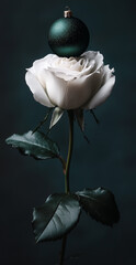 A white rose in full bloom with a dark green Christmas bauble on its stem creates a romantic Christmas atmosphere, perfect for wedding photography.