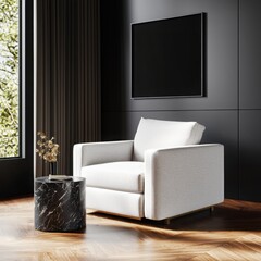 Create an elegant photorealistic mockup of a black-bordered poster in a soft light decor featuring a white armchair marble side table and wooden floor