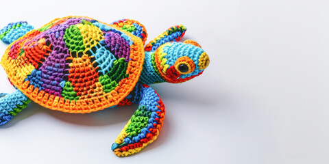 Colorful crocheted turtle toy with vibrant rainbow patterns on a white background.