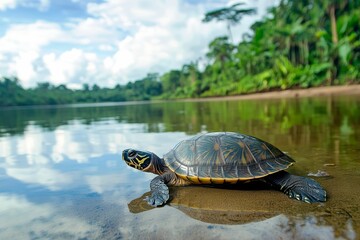 Fototapeta premium Turtle near riverbank, lush green background.