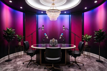 Elegant Podcast Studio Featuring High-End Microphones and Dynamic Gradient Backdrop for Premium Media Interviews