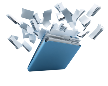 a folder with papers flying out
