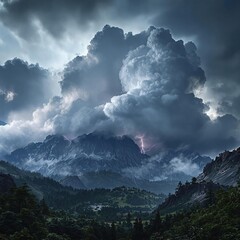 dramatic mountain landscape with stormy weather, rocky terrain, turbulent weather, rough seas