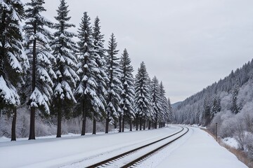 Obraz premium Winter Railway Landscape with Snowy Pine Trees and Tranquil Scenery