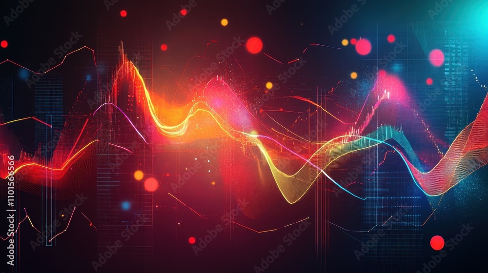 Poster abstract visual representation of sound waves and data patterns in vibrant colors.