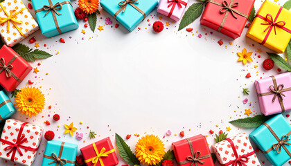 Fototapeta premium Colorful assortment of gifts and decorative elements arranged around a blank space for festive occasions