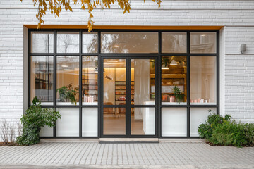 Modern Manicure Salon Facade with Large Glass Windows and Minimalist Design Surrounded by Greenery