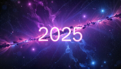 Futuristic cosmic background featuring the year 2025 in vibrant colors and abstract design

