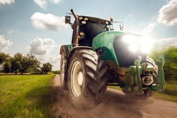 Green tractor driving on a dirt road in the countryside
