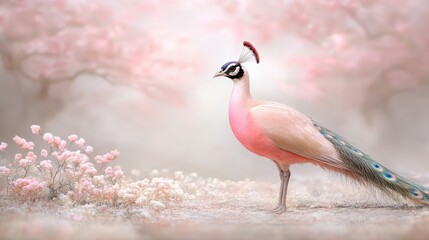 Beautiful pastel-colored bird standing gracefully amidst delicate pink flowers in a serene spring landscape, creating a tranquil and enchanting scene of nature's elegance.