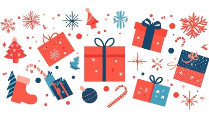 Festive Christmas and New Year Decorations with Presents and Snowflakes