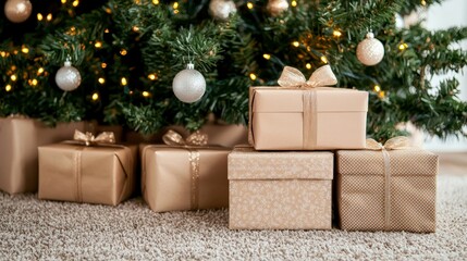 Beautifully Wrapped Christmas Presents Under a Festive Tree with Soft Lighting and Elegant Ornaments