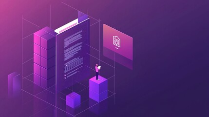 A futuristic digital landscape featuring a figure standing on a cube, surrounded by coding elements and geometric shapes in a purple color scheme.