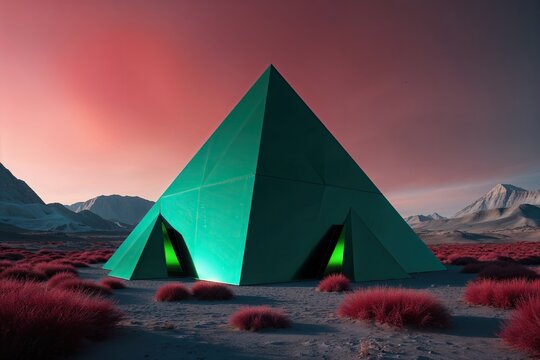 Surreal 3D Render of Geometric Pyramid in Crimson and Emerald Colors