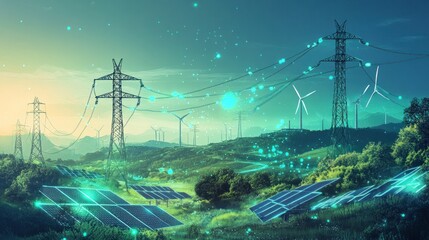 Smart grid energy network with solar panels, wind turbines, and power lines at sunset.