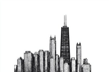 Hand Drawn Chicago Skyline Cityscape Illustration Black White Architecture