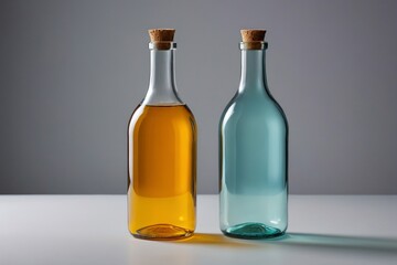 bottles of liquid and vinegar are sitting on a table
