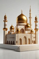 Obraz premium Realistic Islamic product display podium with mosque gate and golden minarets in white backgroundRealistic Islamic product display podium with mosque gate and golden minarets in white background