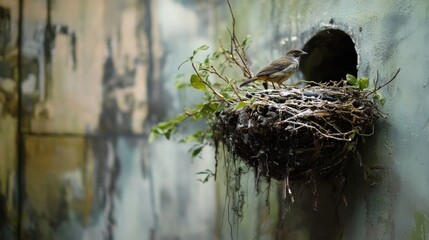 Bird Nest with Bird Perched on Twigs Against Distressed Wall in Natural Setting