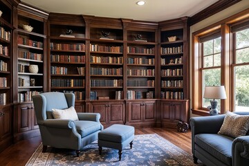 Cozy Home Library Lounge with Classic Wood Bookcase and Comfortable Armchair