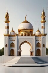 Obraz premium Realistic Islamic product display podium with mosque gate and golden minarets in white backgroundRealistic Islamic product display podium with mosque gate and golden minarets in white background