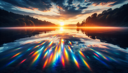 Sunset light casting rainbow streaks across a still lake, with colorful light aberrations reflecting over the water surface against a serene, natural landscape.