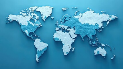 Artistic World Map in Blue and White Colors Representing Ocean and Land Distribution on a Modern Background for Creative and Educational Use