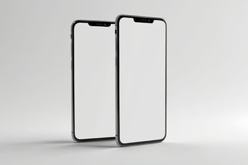 two black and white iphones with a blank screen on a gray background
