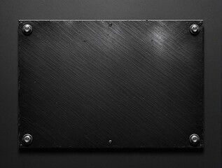 Metal plate with textured finish and industrial-style bolts over a black brushed metallic background, mechanical parts, bolted connection, metalwork, machinery components,