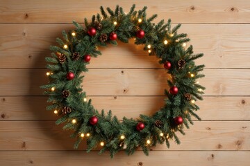 a close up of a wreath with lights and ornaments on a wooden wall